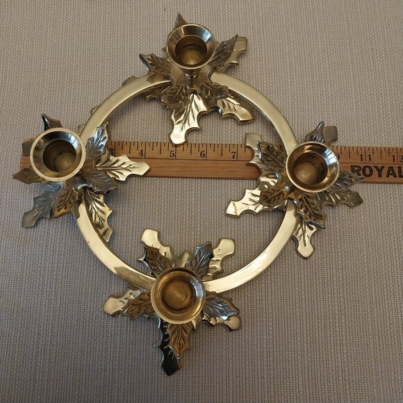 Vtg Solid Brass Poinsettia 11" Candle Stick Holder Ring Christmas Classic - Picture 5 of 6